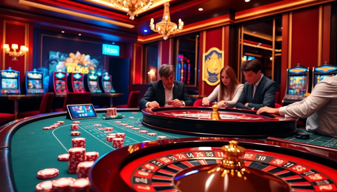 A thrilling scene at nhà cái bl555 casino featuring poker chips and a roulette wheel in an elegant setting.