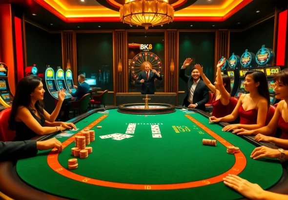 Experience excitement at BK8 เว็บตรง with vibrant gambling elements and players celebrating wins.