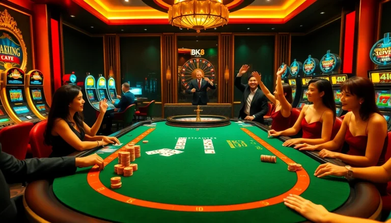 Experience excitement at BK8 เว็บตรง with vibrant gambling elements and players celebrating wins.