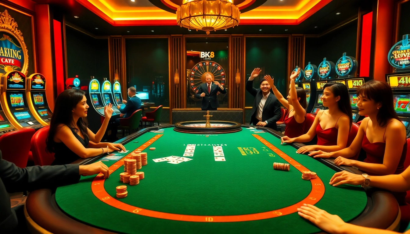 Experience excitement at BK8 เว็บตรง with vibrant gambling elements and players celebrating wins.
