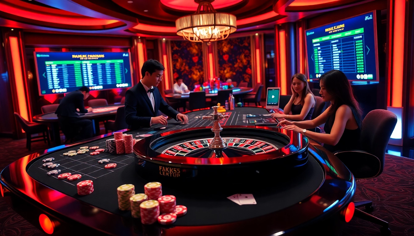 Excited gamblers play a strategic game at a luxurious casino table showcasing elements from https://kk55.group.