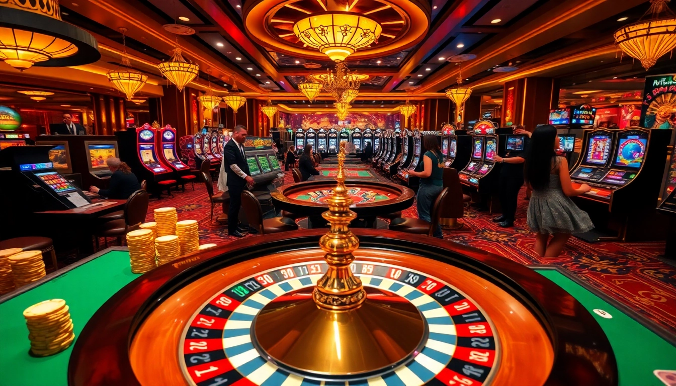Thrilling casino environment showcasing vibrant gaming tables and enthusiastic players at https://nh8833.com/ with dazzling slot machines.