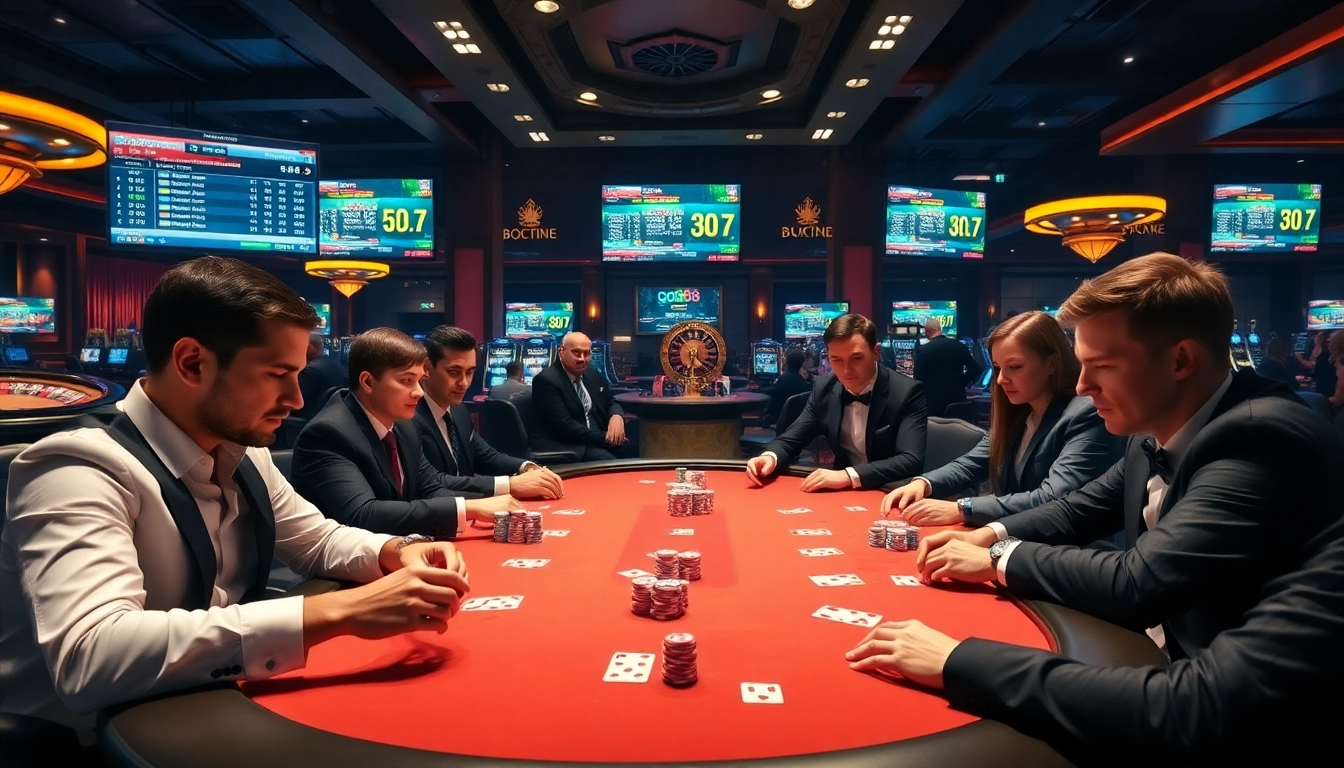 Players enjoy high-stakes poker at a luxurious casino setting inspired by https://go88.fast/ with vibrant chips and intense focus.