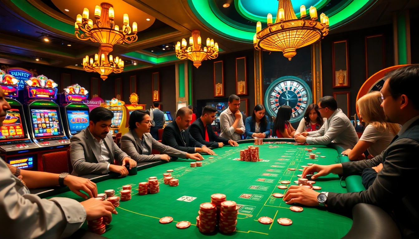 Exciting gaming scene at 88xx com's luxurious casino highlighting poker and slot machines.