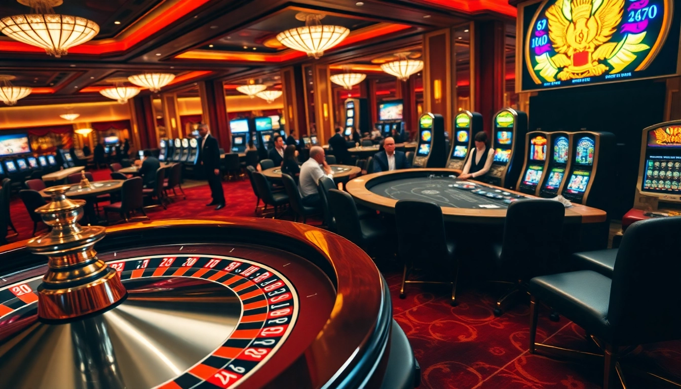 Players enjoying high-stakes games at king.88 casino, featuring roulette and poker tables with vibrant chips.