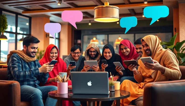 مشهد جذاب لشباب متنوعين يشاركون في شات عربي، يعرض التفاعلات عبر الإنترنت في مقهى نابض بالحياة.