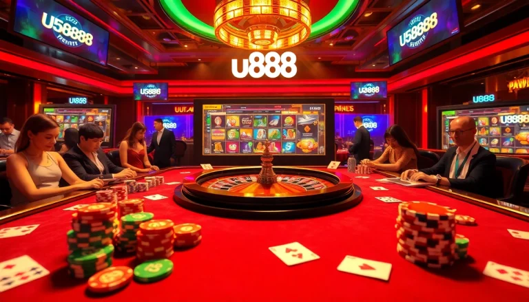 Experience the excitement of u888 with vibrant casino tables featuring poker chips and roulette wheels.