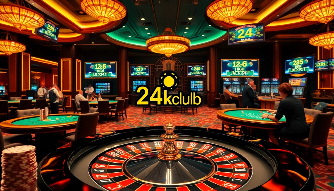 Người chơi thưởng thức các trò chơi cược cao tại casino 24kclub, với bàn chơi sang trọng và nội thất bằng vàng.