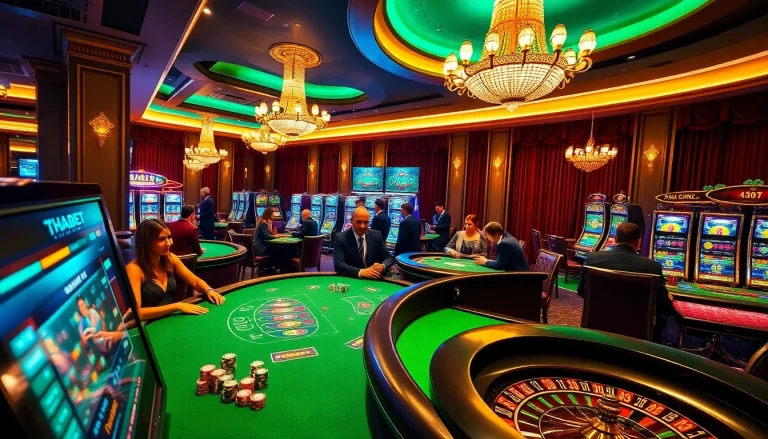 Exciting gameplay at https://thabet.vegas/ with players winning at poker tables and engaging with vibrant slot machines.