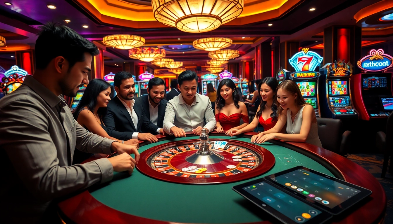 Players enjoying high-stakes bets at MB66.COM casino with roulette and poker tables.