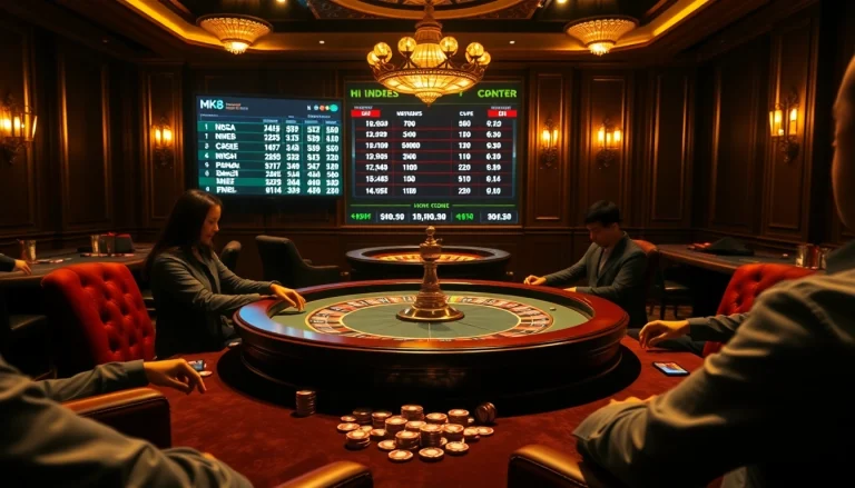 Players engaging in a thrilling poker match at MK8, surrounded by vibrant casino elements.