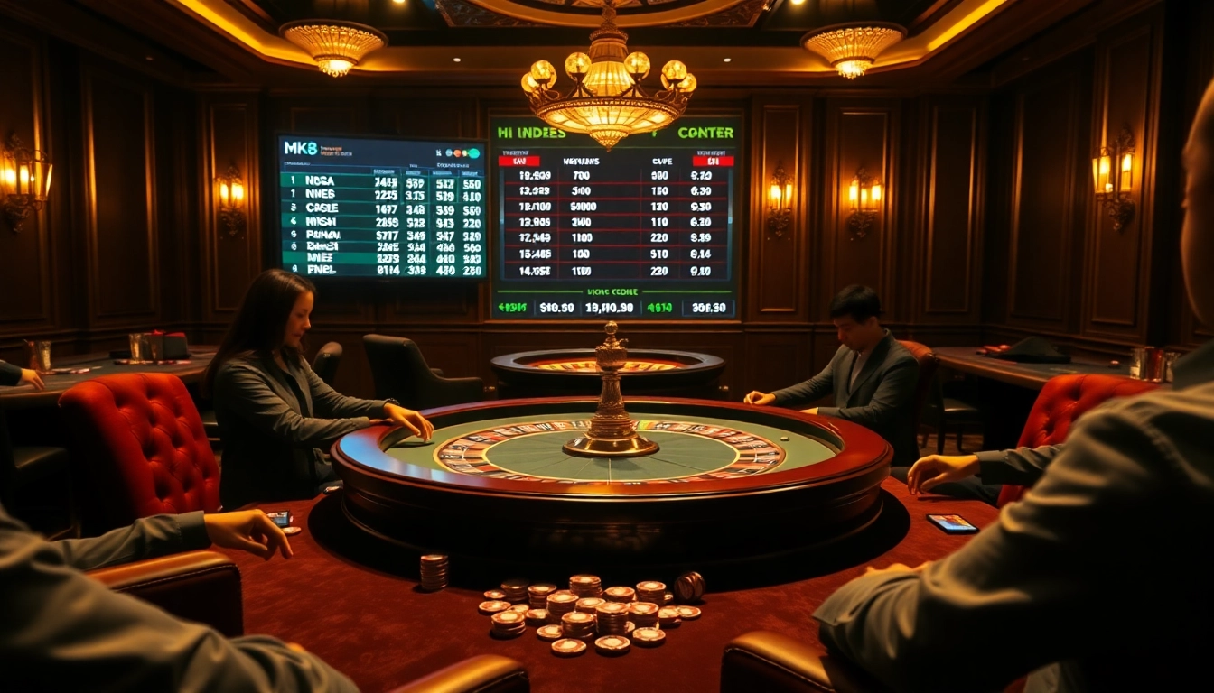 Players engaging in a thrilling poker match at MK8, surrounded by vibrant casino elements.