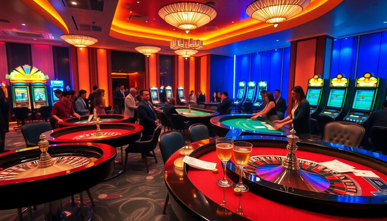 Experience the excitement of RR88 through a vibrant casino scene with roulette and poker tables.