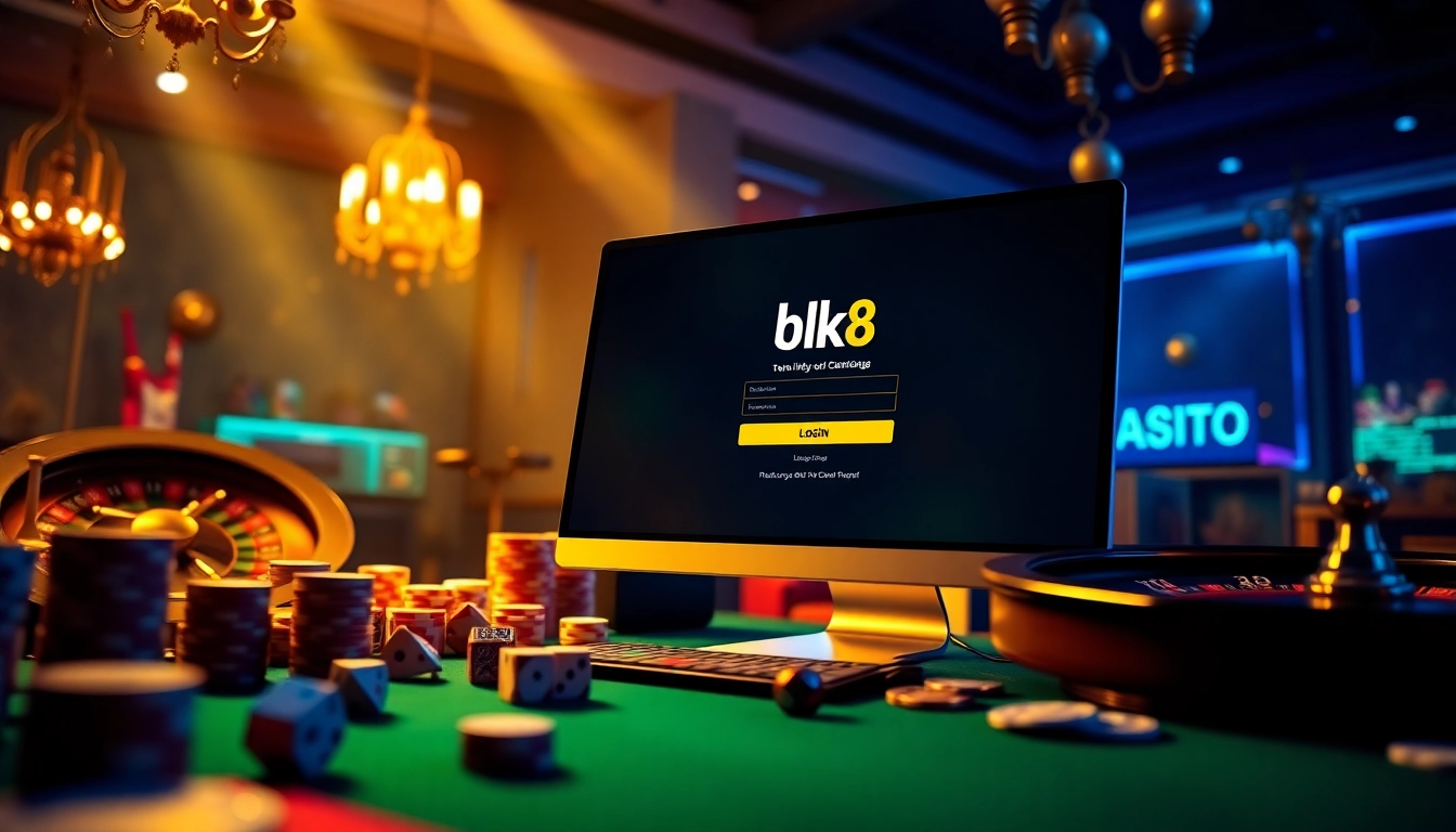 Experience seamless bk8 login with a vibrant casino backdrop of chips and gaming elements.