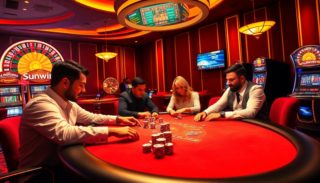 Sunwin players enjoy a thrilling game at a luxurious casino poker table, surrounded by vibrant gambling elements.