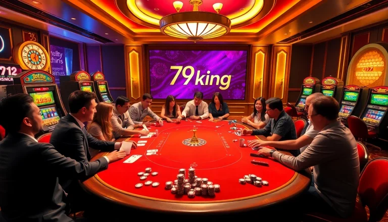 Experience high-stakes excitement at the 79king poker table with vibrant action and luxury decor.