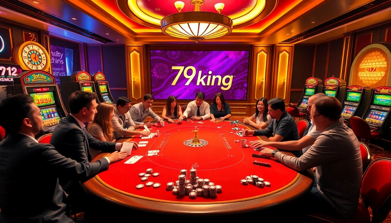 Experience high-stakes excitement at the 79king poker table with vibrant action and luxury decor.