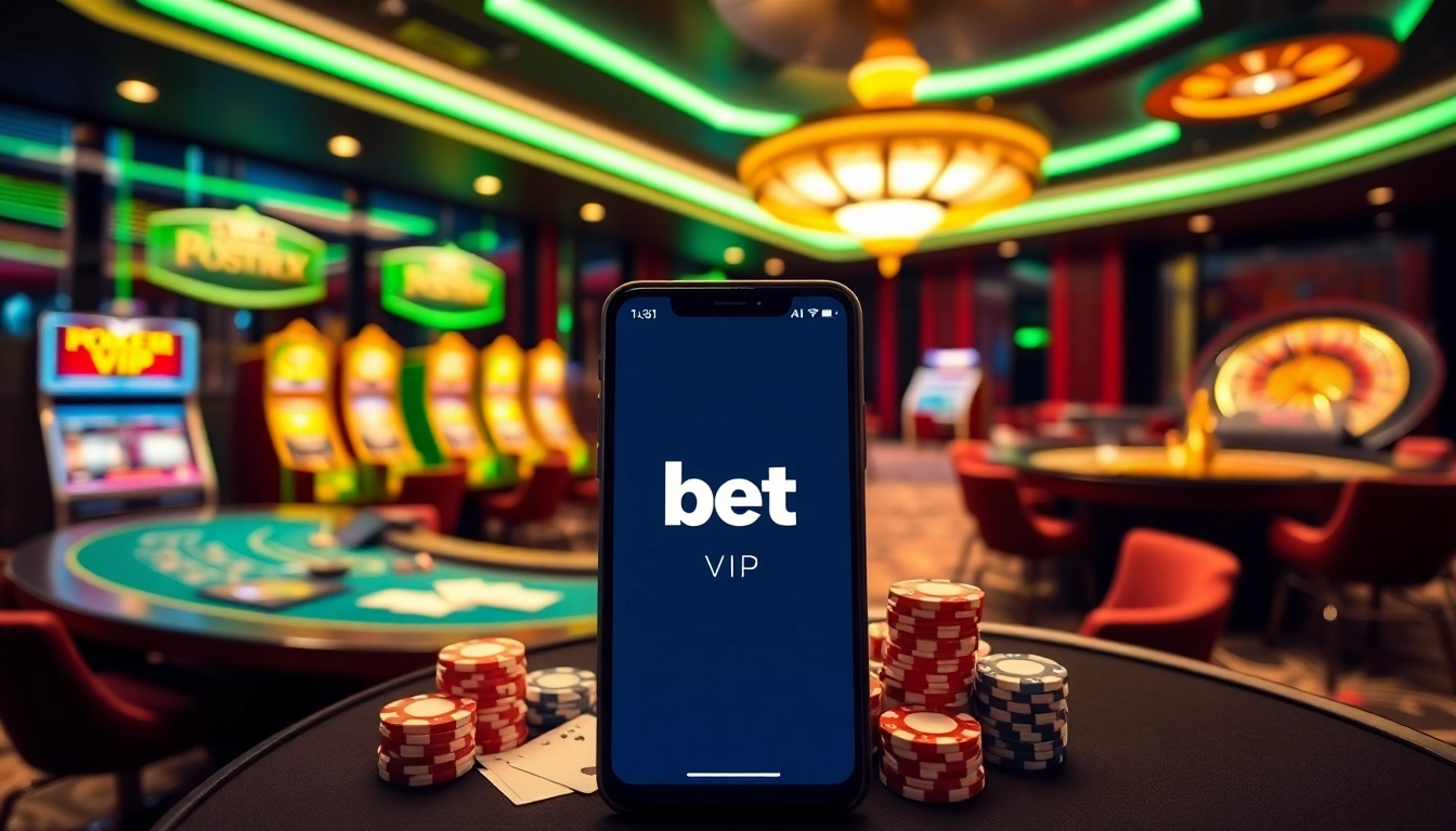 Trải nghiệm cảm giác cá cược hồi hộp với ứng dụng Bet VIP, được bao quanh bởi các yếu tố casino như chip và thẻ bài.