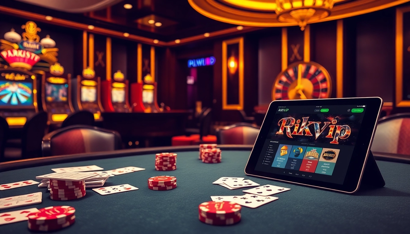 Exciting casino scene featuring rikvip online interface with poker, roulette, and vibrant chips.