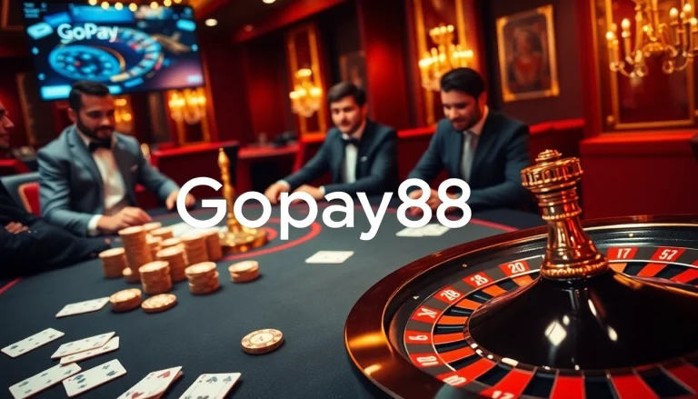 Experience high-stakes gaming with Gopay88 at a luxurious poker table filled with chips and cards.