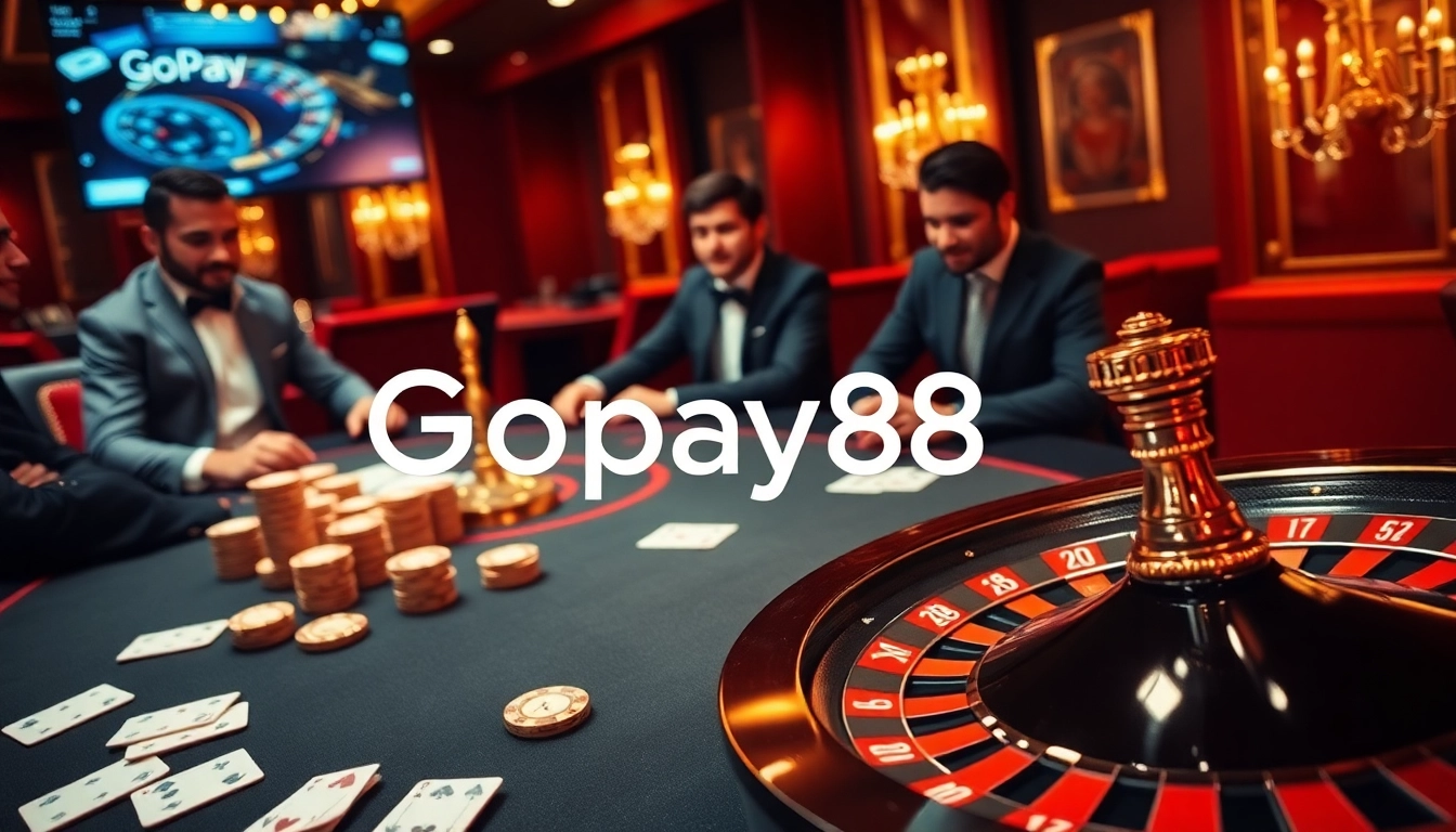 Experience high-stakes gaming with Gopay88 at a luxurious poker table filled with chips and cards.
