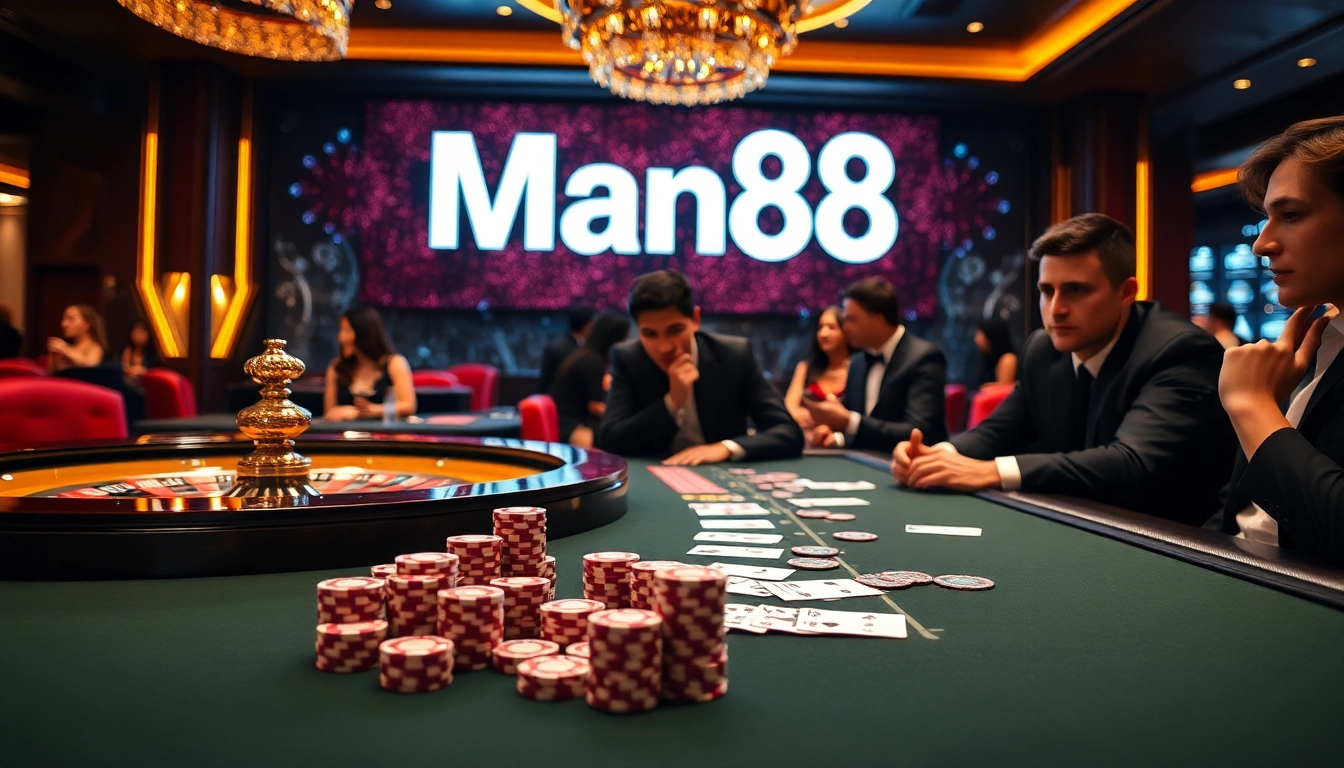 Experience high-stakes excitement at Man88, featuring poker tables, roulette wheels, and elegant decor.