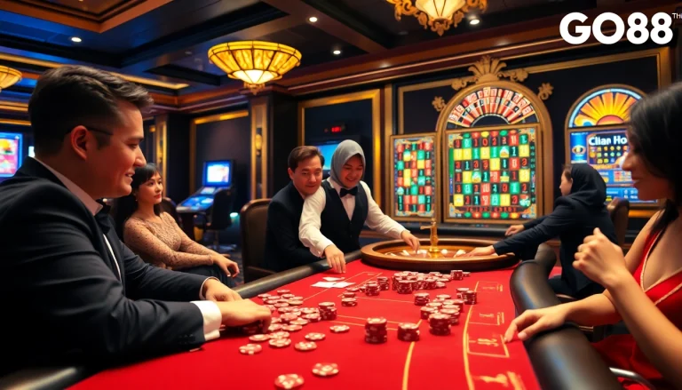 Experience high-stakes action at GO88 with players engaging at vibrant casino tables.