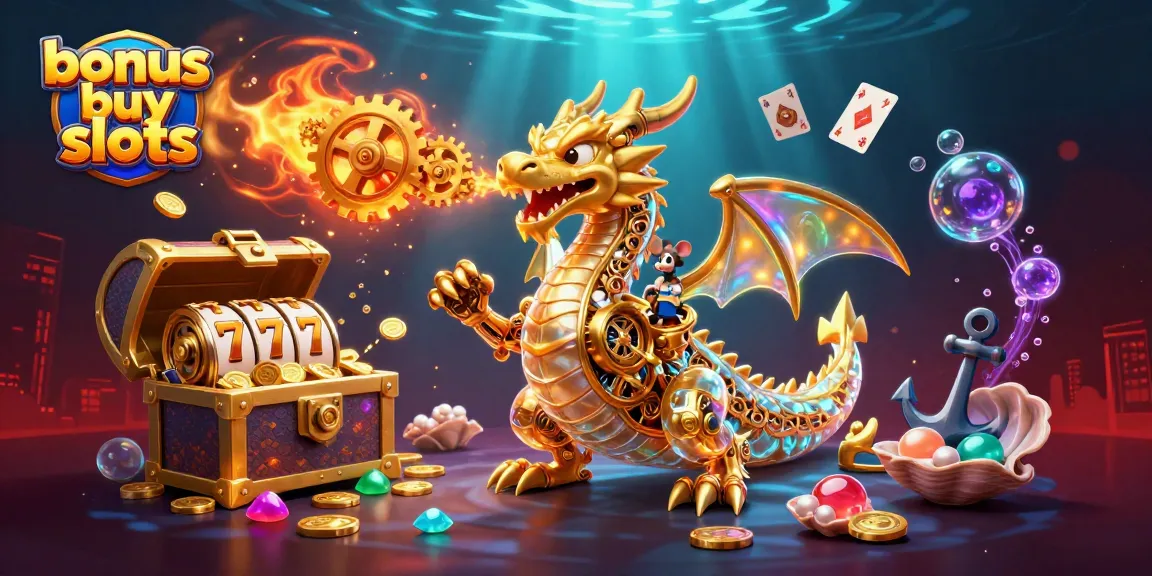 Explore bonus buy slots with a magical dragon and gold treasures in a vibrant casino world.